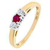 0.15 Round Diamond and 0.19ct Ruby 3 stone ring in UK Hallmarked 9ct Yellow Gold